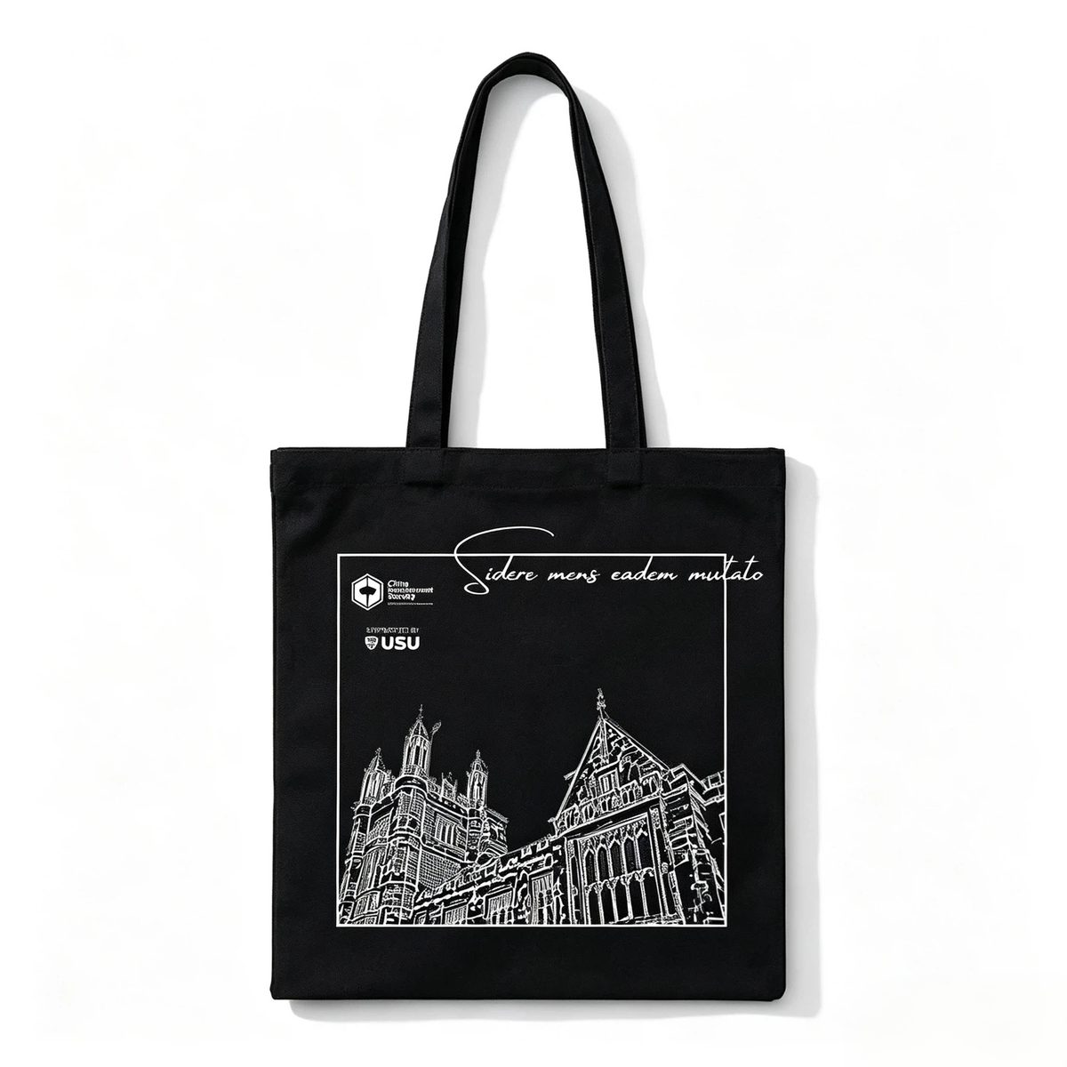 Contrast-print cotton tote sample EBG-CT-03 in black with white line artwork &mdash; custom printed tote bag, MOQ 500 pcs