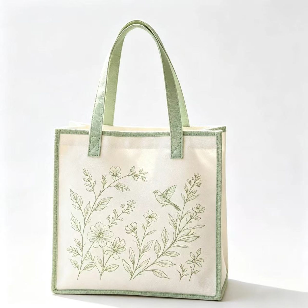 Botanical print cotton tote sample EBG-CT-05 with fine line floral artwork &mdash; custom natural cotton bag, MOQ 500 pcs