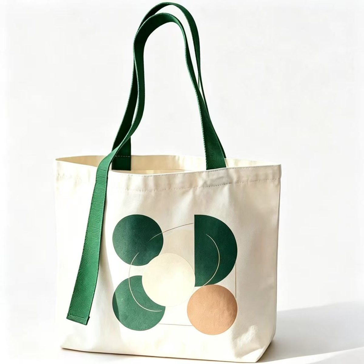 Statement-print canvas tote sample EBG-CT-06 with oversized abstract shapes &mdash; custom art print tote bag, MOQ 500 pcs