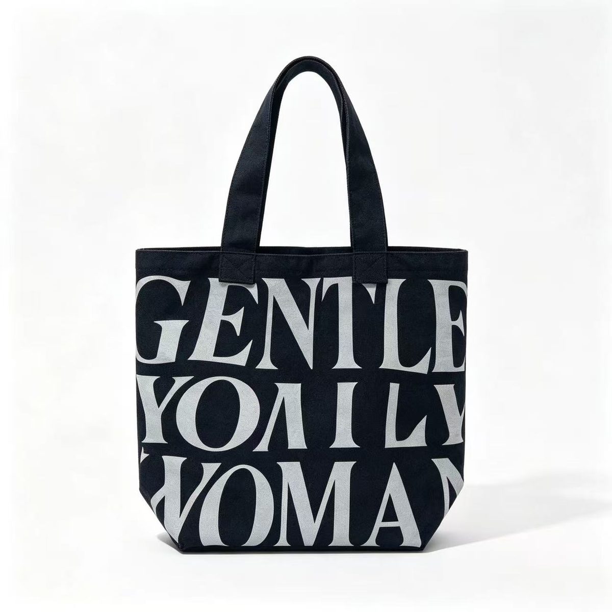 Typographic print cotton tote sample EBG-CT-07 in black with large white lettering &mdash; custom slogan tote bag, MOQ 500 pcs