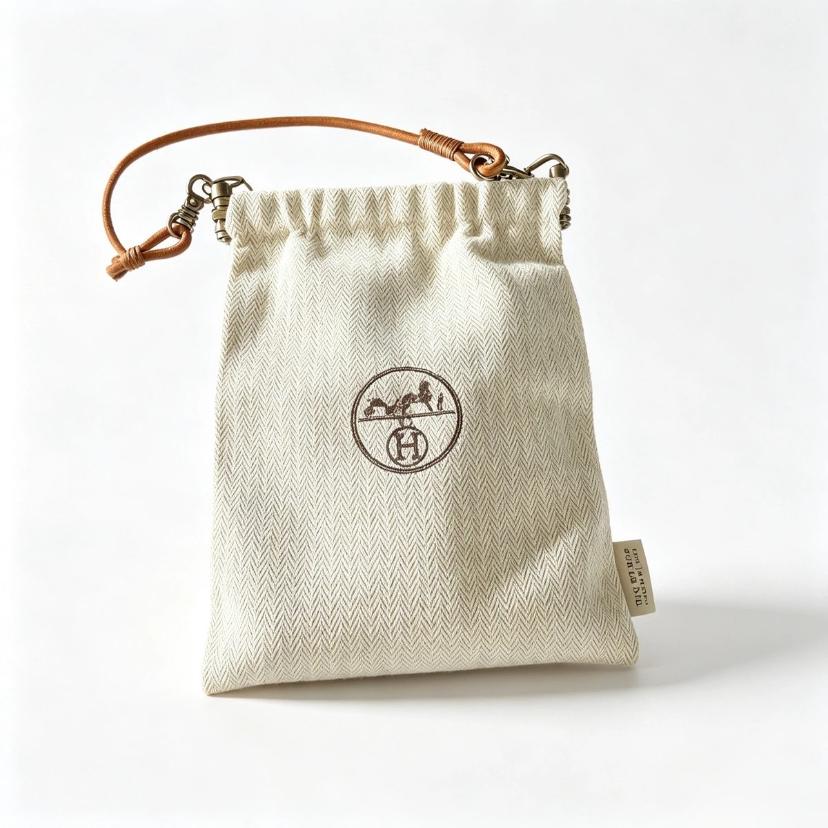 Leather-cord drawstring pouch sample EBG-GB-01 with metal tipped cord &mdash; custom printed jewellery pouch, MOQ 500 pcs