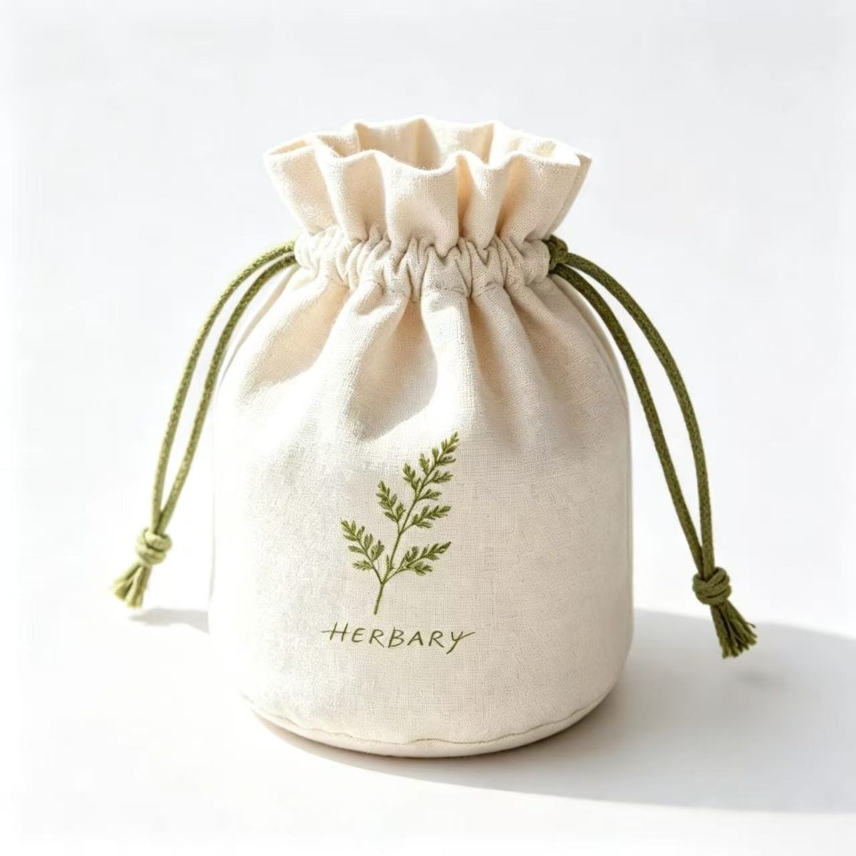 Round-base canvas drawstring pouch sample EBG-GB-03 with botanical print &mdash; custom standing gift pouch, MOQ 500 pcs