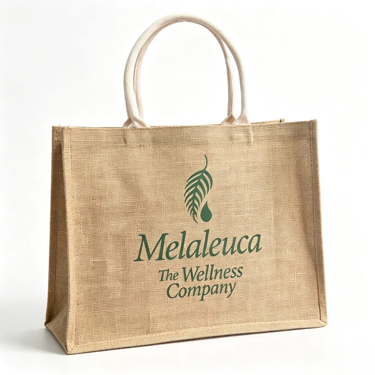 Jute tote sample EBG-GB-05 with cotton webbing handles and printed logo &mdash; custom jute shopping bag, MOQ 500 pcs