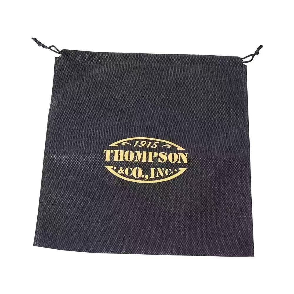 Printed drawstring dust pouch sample EBG-LN-02 in black with gold logo &mdash; custom branded dust bag, MOQ 500 pcs