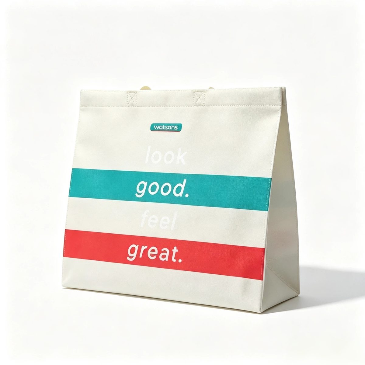 Striped retail laminated bag sample EBG-NWL-05 with printed colour bands &mdash; custom chain store carrier bag, MOQ 500 pcs