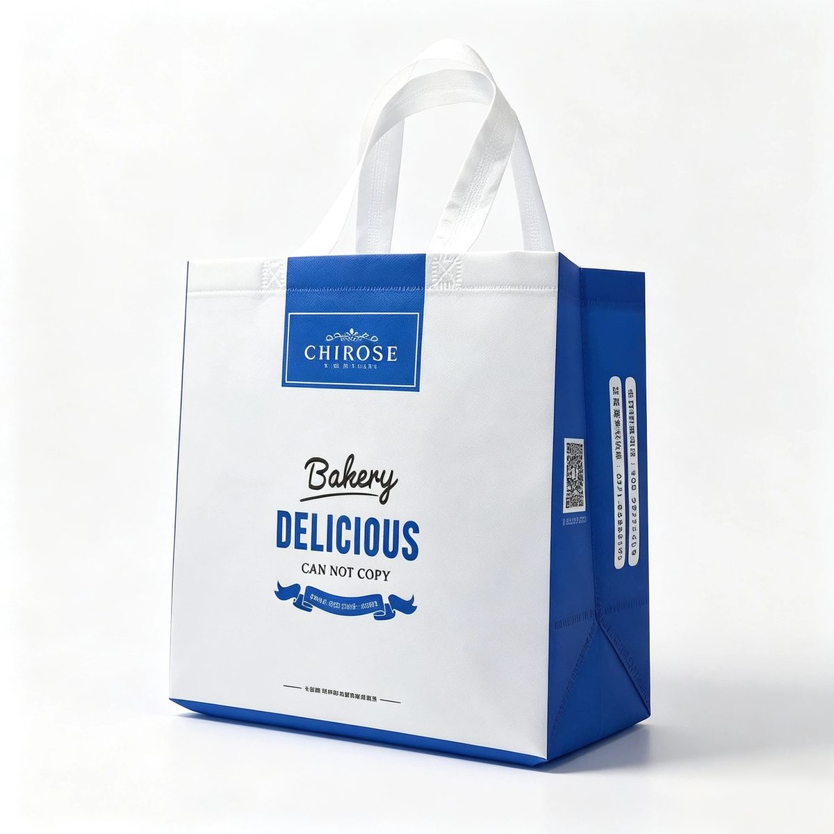 Side-gusset retail laminated tote sample EBG-NWL-07 in blue and white &mdash; custom bakery carrier bag, MOQ 500 pcs